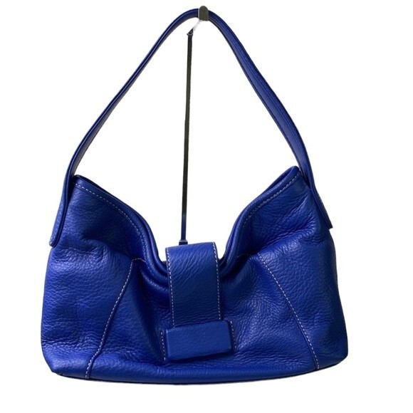 Liz Claiborne Blue Pebbled Leather Mini Hobo Bag Contrast Stitch Fold Over Flap - Picture 1 of 16